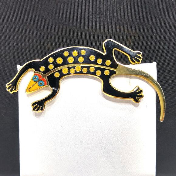 Laurel Burch Black "Lizard" Brooch, Gold Plated Cloisonne, 1980s Vintage Jewelry - Picture 10 of 10